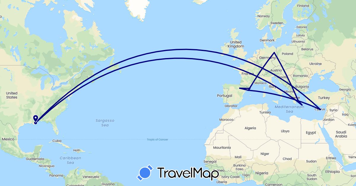 TravelMap itinerary: driving in Cyprus, Germany, Spain, Greece, United States (Asia, Europe, North America)