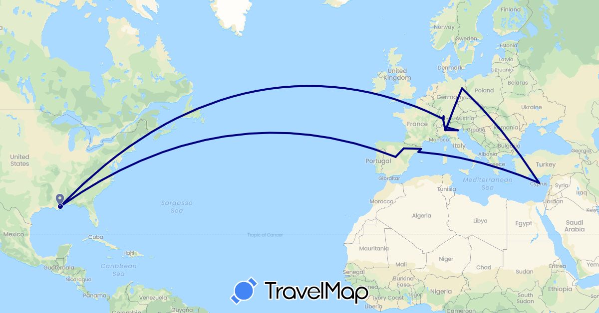 TravelMap itinerary: driving in Switzerland, Cyprus, Germany, Spain, Greece, Italy, United States (Asia, Europe, North America)